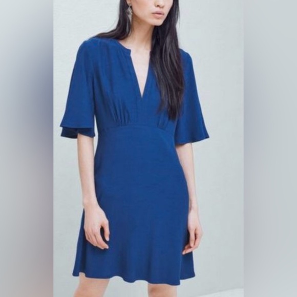 Mango Royal Blue Flared V-neck Short flutter sleeve Knee-length Dress size Small - Picture 1 of 8